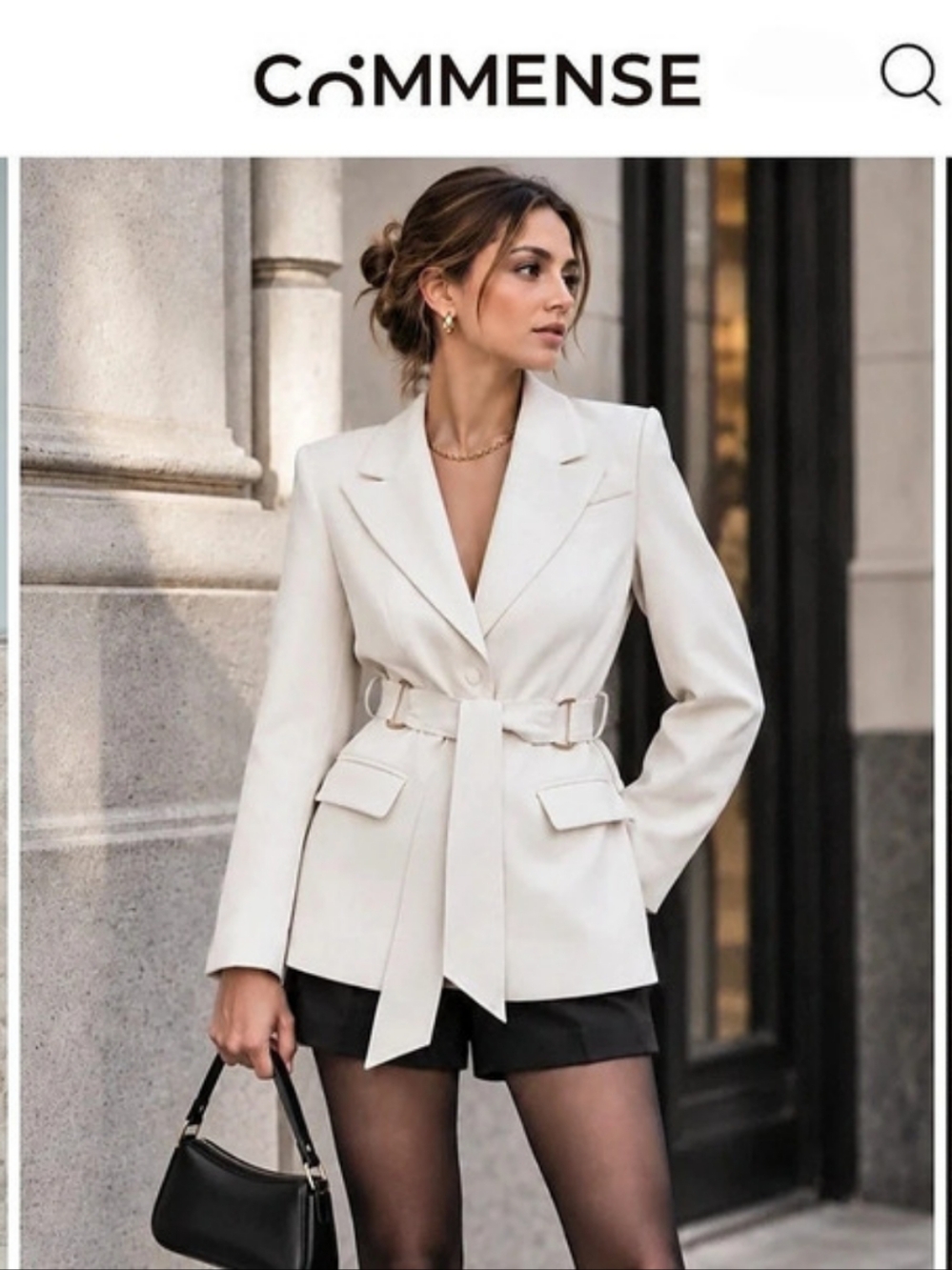 Commense Stand Collar Belted Long Sleeve Blazer White